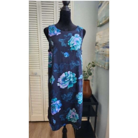 LOFT Floral Print Sleeveless Shift Dress Navy Aqua Purple Medium Petite - Picture 1 of 9